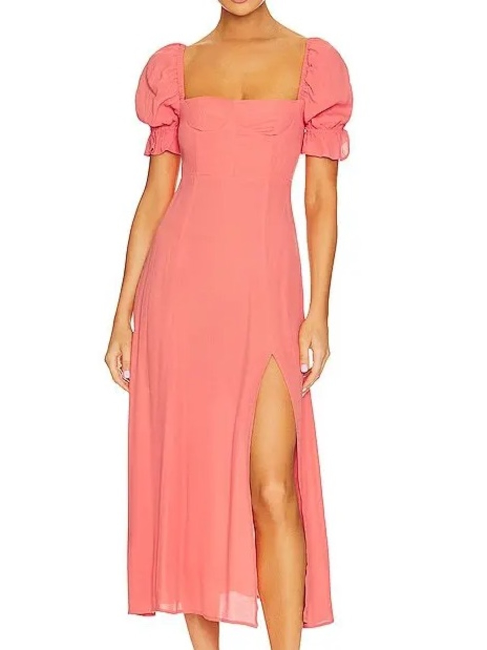 NWT - WeWoreWhat Puff Sleeve Corset Midi Dress in Coral Size 10
